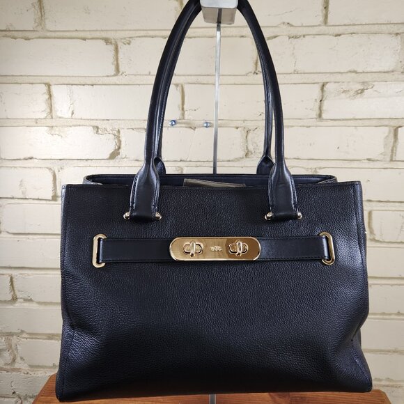 Coach Swagger Black Pebbled Leather Satchel Tote Bag Purse - Picture 2 of 12